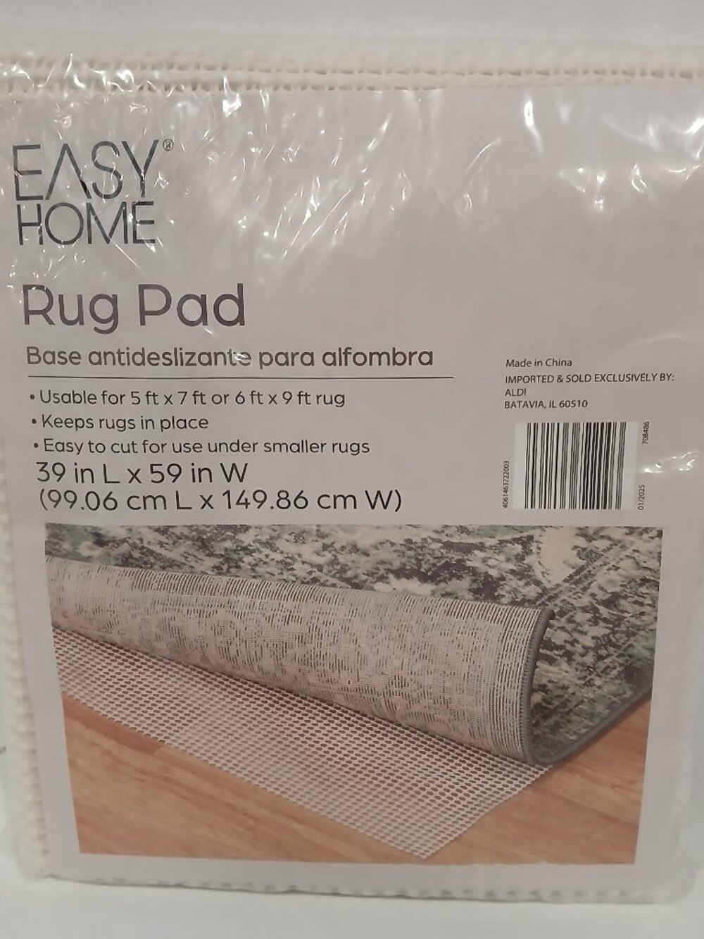 Easy Home Large Rug Pad Usable For 5 x 7 Or 6 x 9 Easy Cut Fitting 39L x 59W NEW